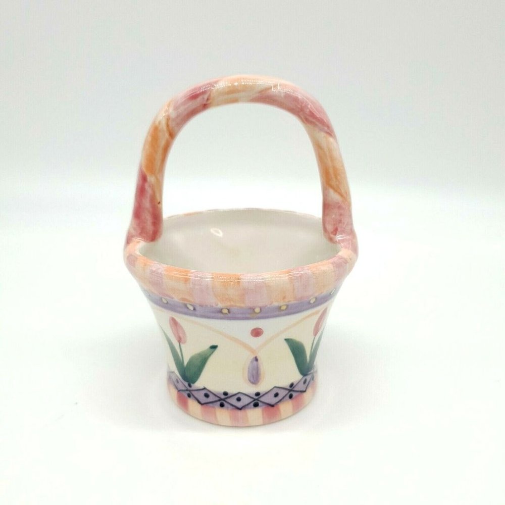 Ashley Collection Ceramic Mini Basket Hand Painted Spring Tulip Flower 5" Tall